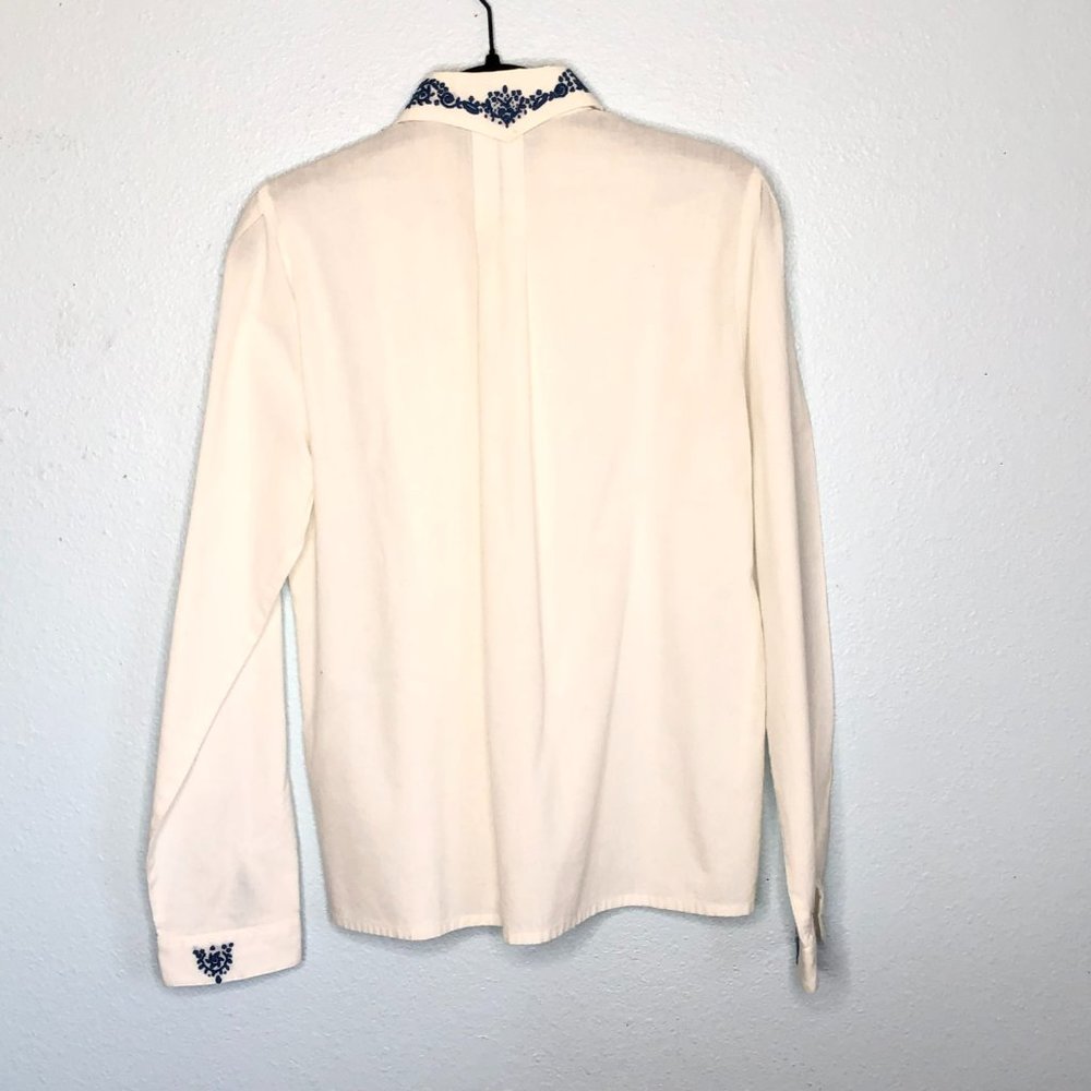 Vintage Gossl Germany Hand Embroidered White Button Down Shirt Blue 38 S - Picture 8 of 8